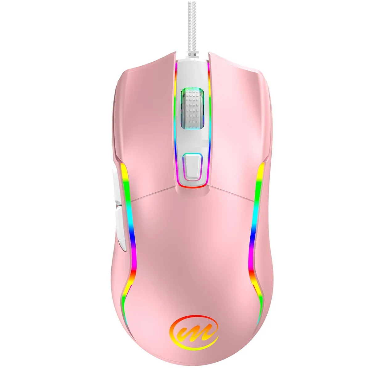Pink right-handed wired gaming mouse with 16 buttons and braided cable