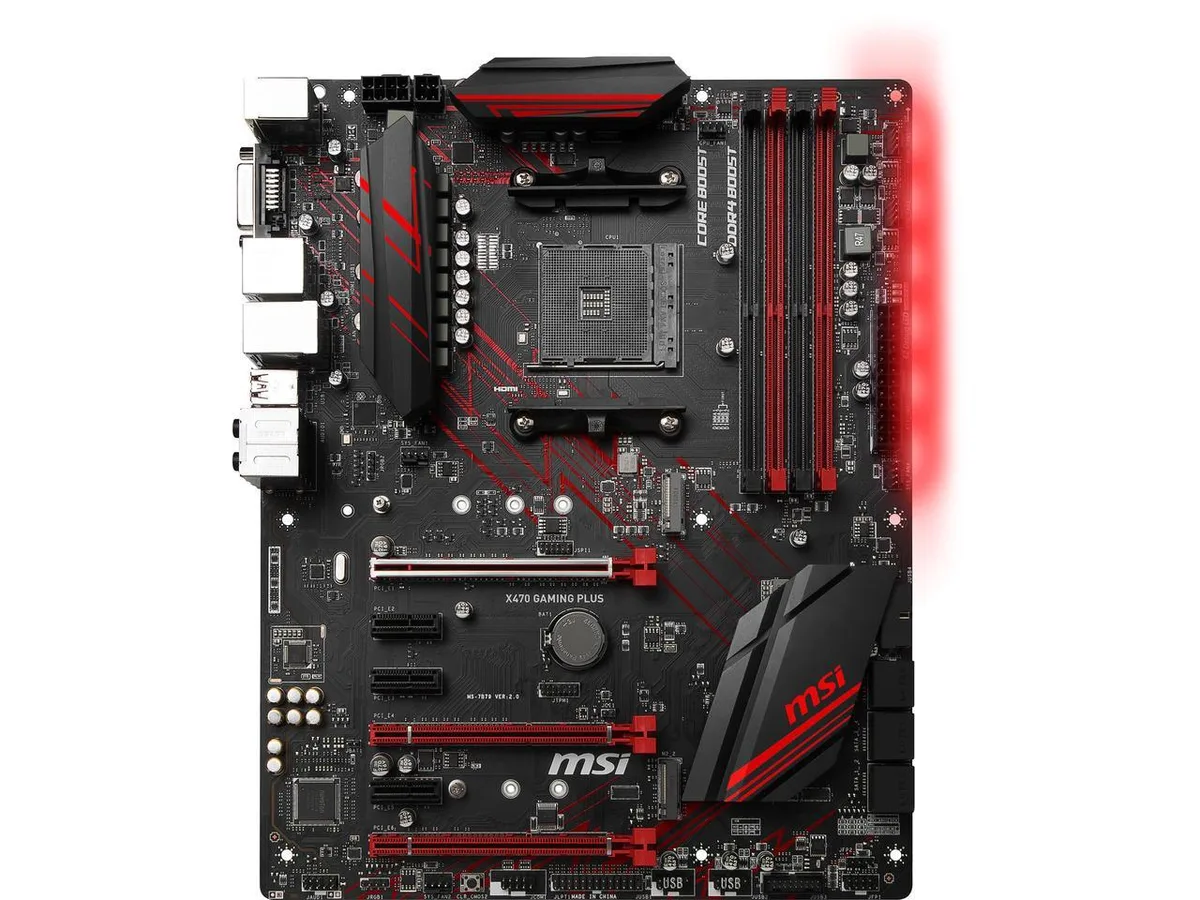 Black ATX motherboard with red accents and four DDR4 slots