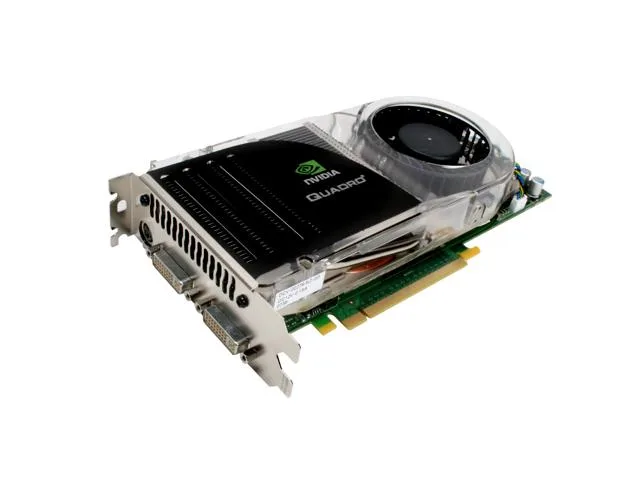 Full-height graphics card with silver fan shroud, dual DVI ports and a stereo connector