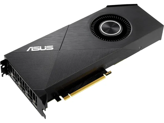 Black graphics card with single blower fan and metal backplate
