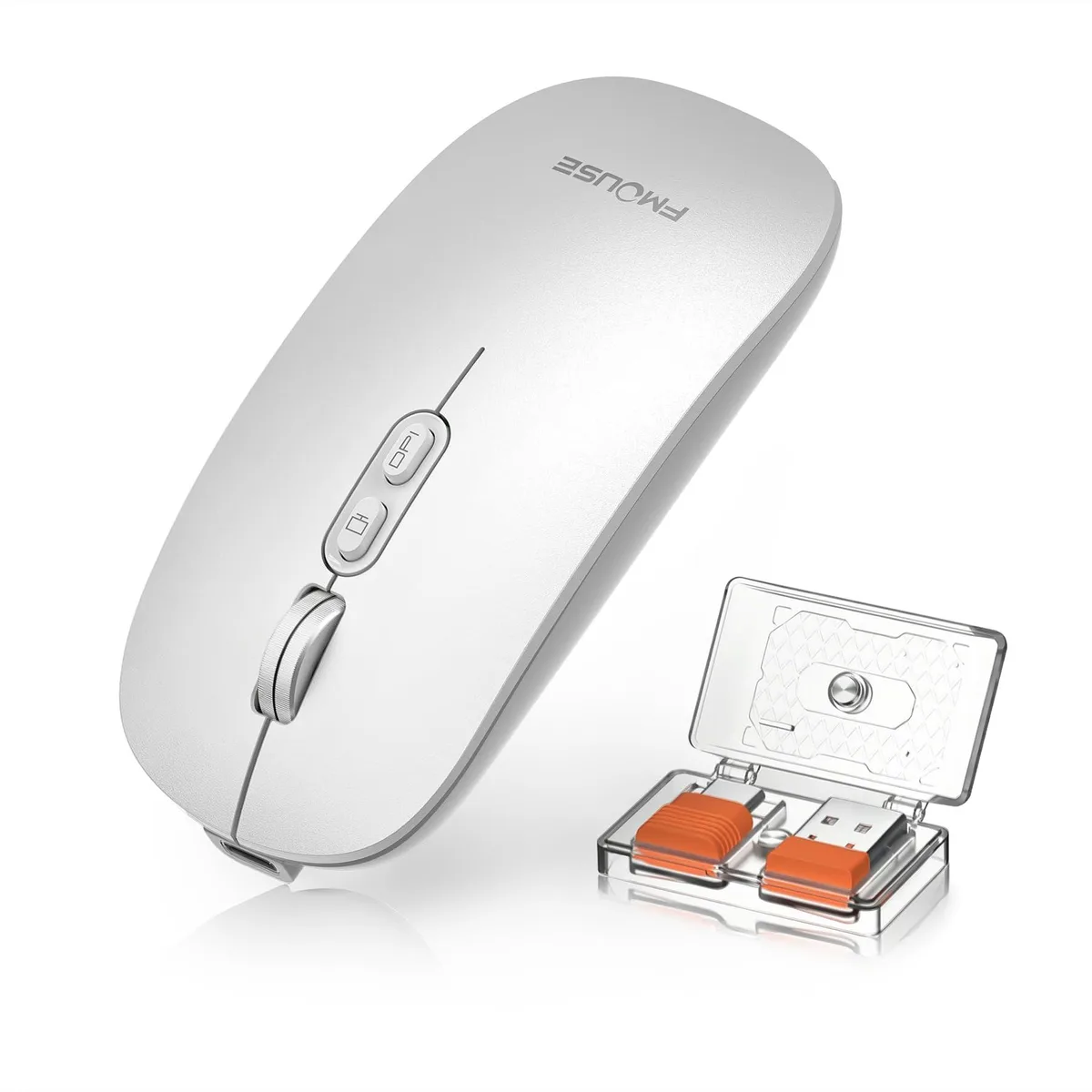 Slim silver wireless gaming mouse, flat 25 mm body, 76 g, right-handed, three buttons, metal scroll wheel