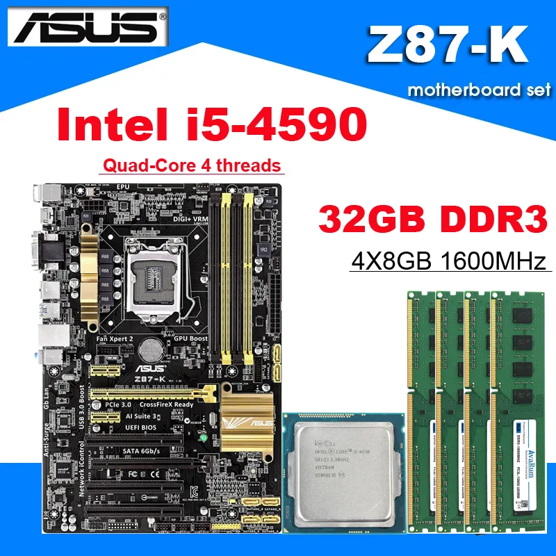 ATX motherboard with CPU and four DDR3L memory modules installed