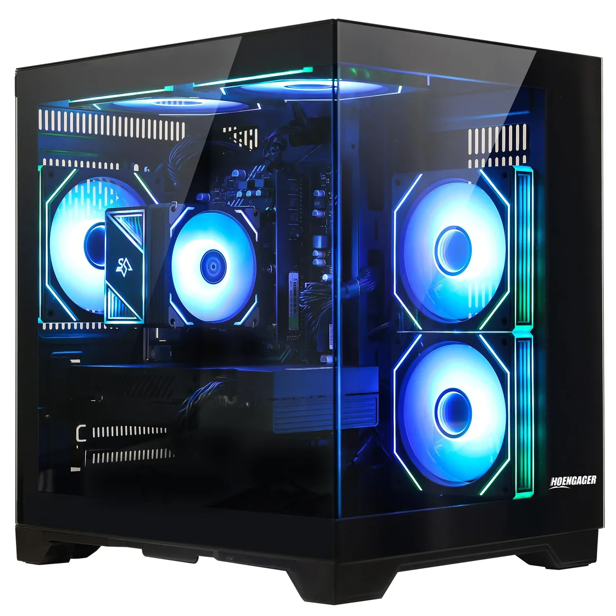 Black mid-tower gaming desktop with ARGB fans visible through side panel