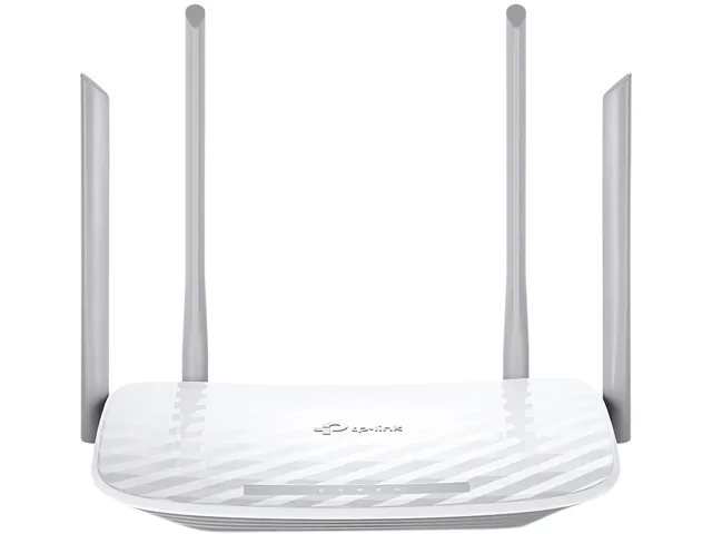White rectangular Wi-Fi router with four adjustable external antennas on top