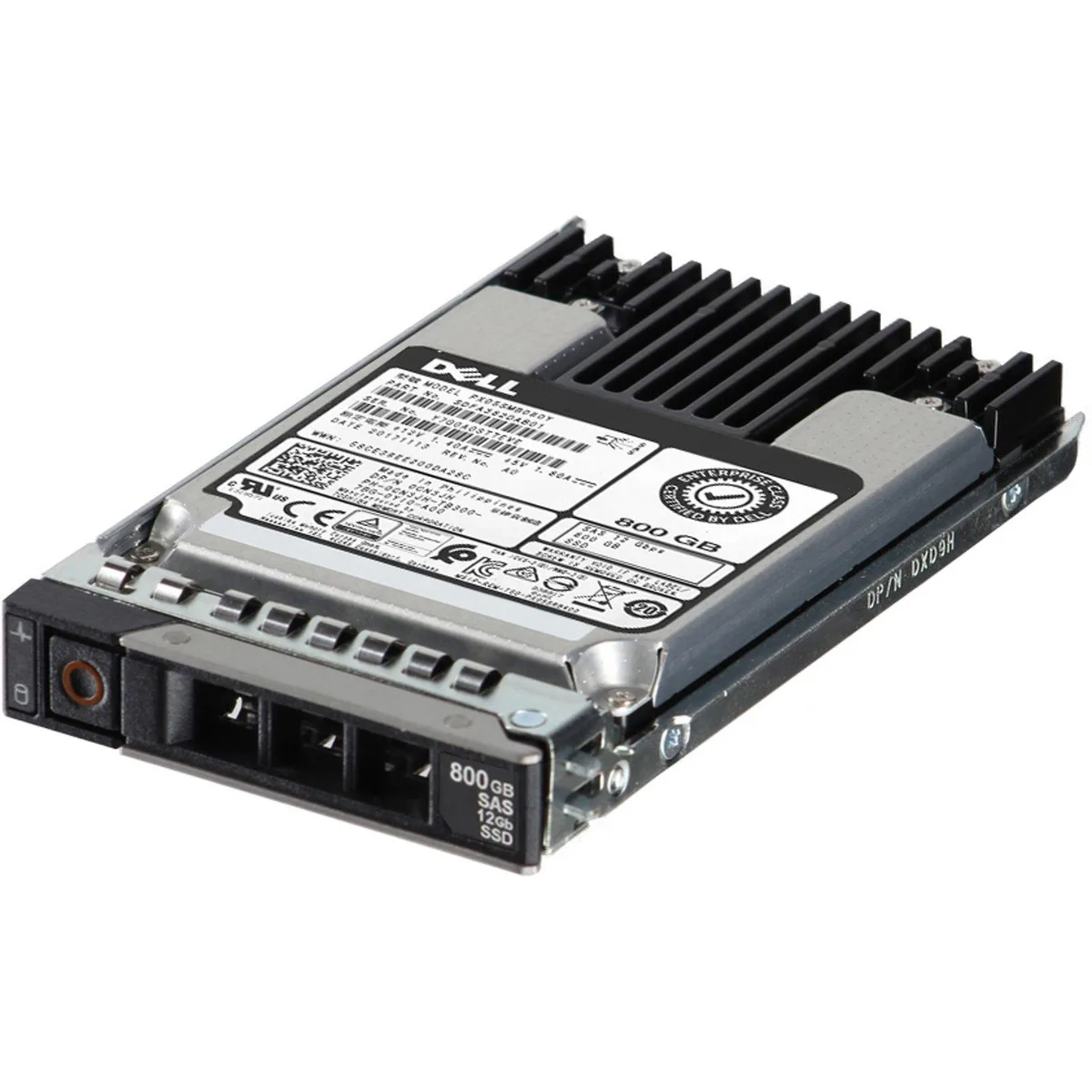 Small silver rectangular 2.5 inch enterprise SSD with label showing Dell branding and model PX05SMB080Y