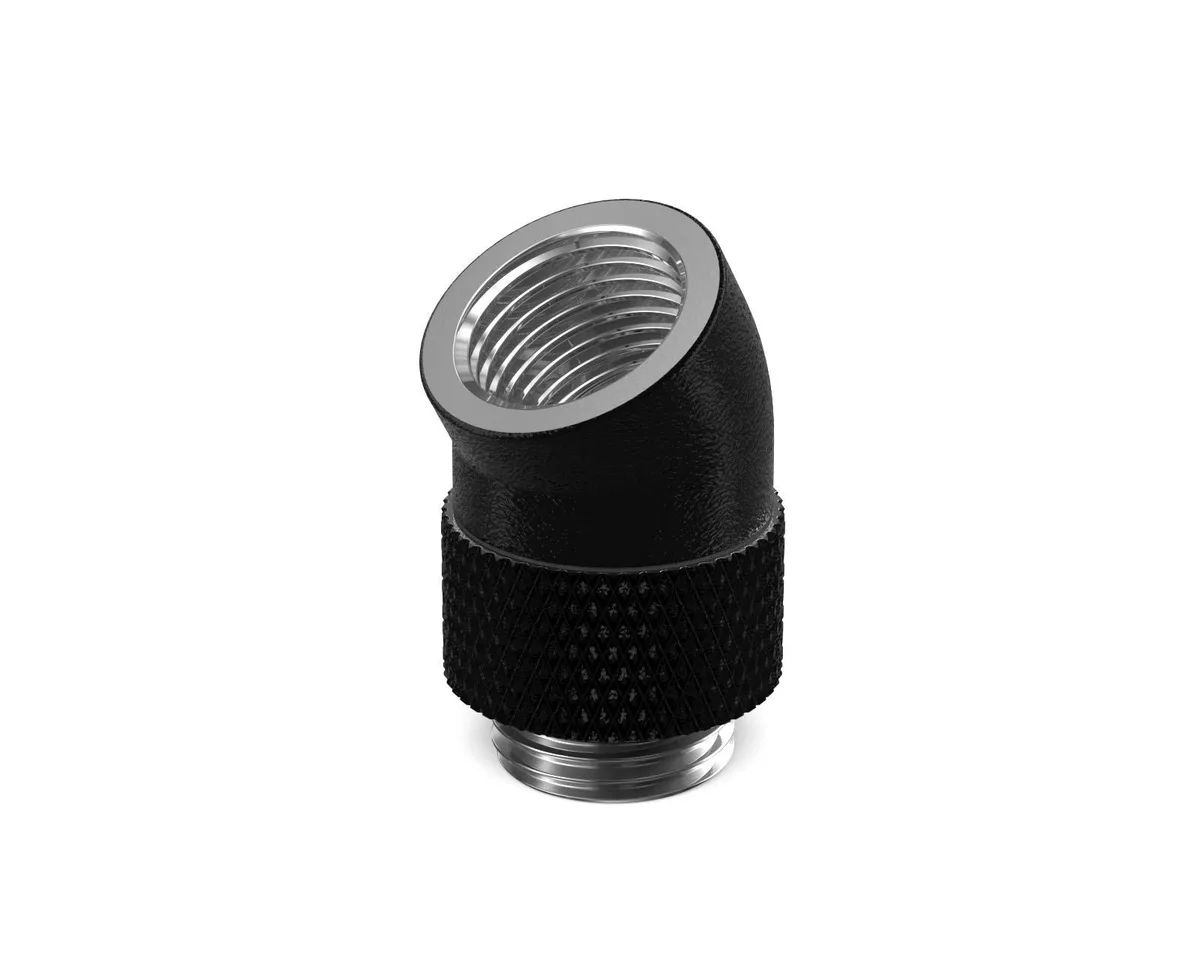 Matte black brass rotary elbow fitting with G1/4 male and female threads, 30 degree angle