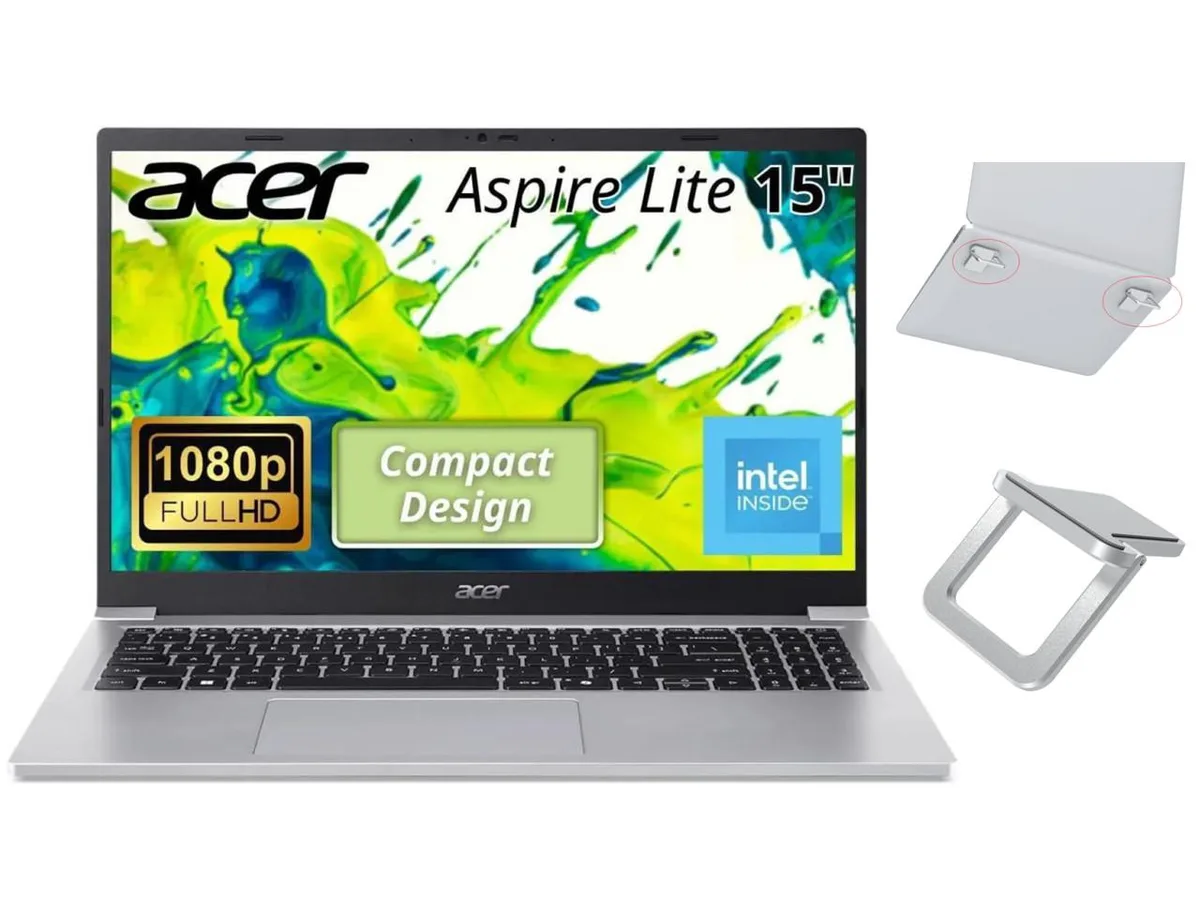 Silver 15.6 inch laptop with matching portable stand