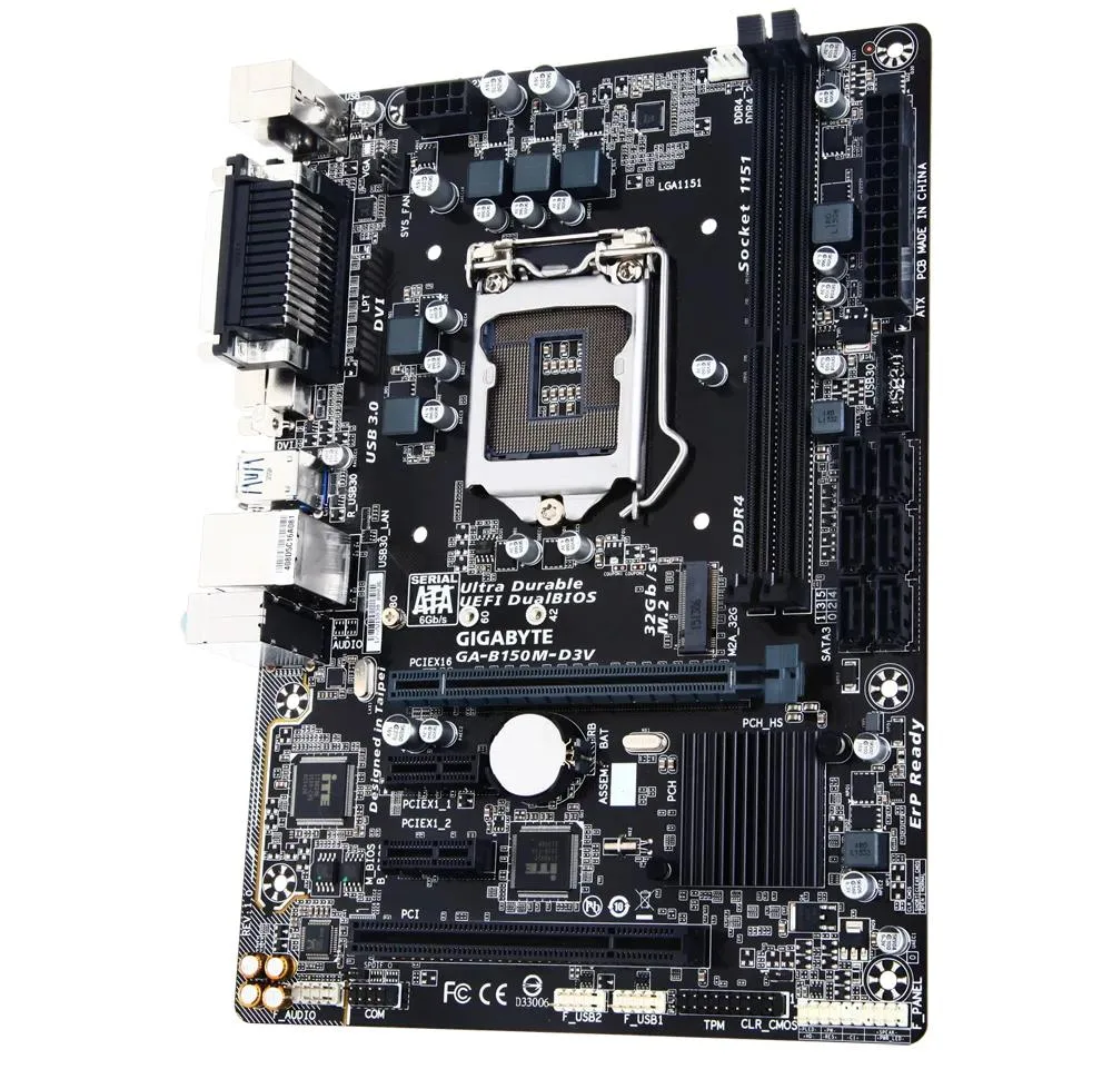 Green rectangular motherboard with silver CPU socket, two black DDR4 slots, one M.2 slot, and blue I/O ports