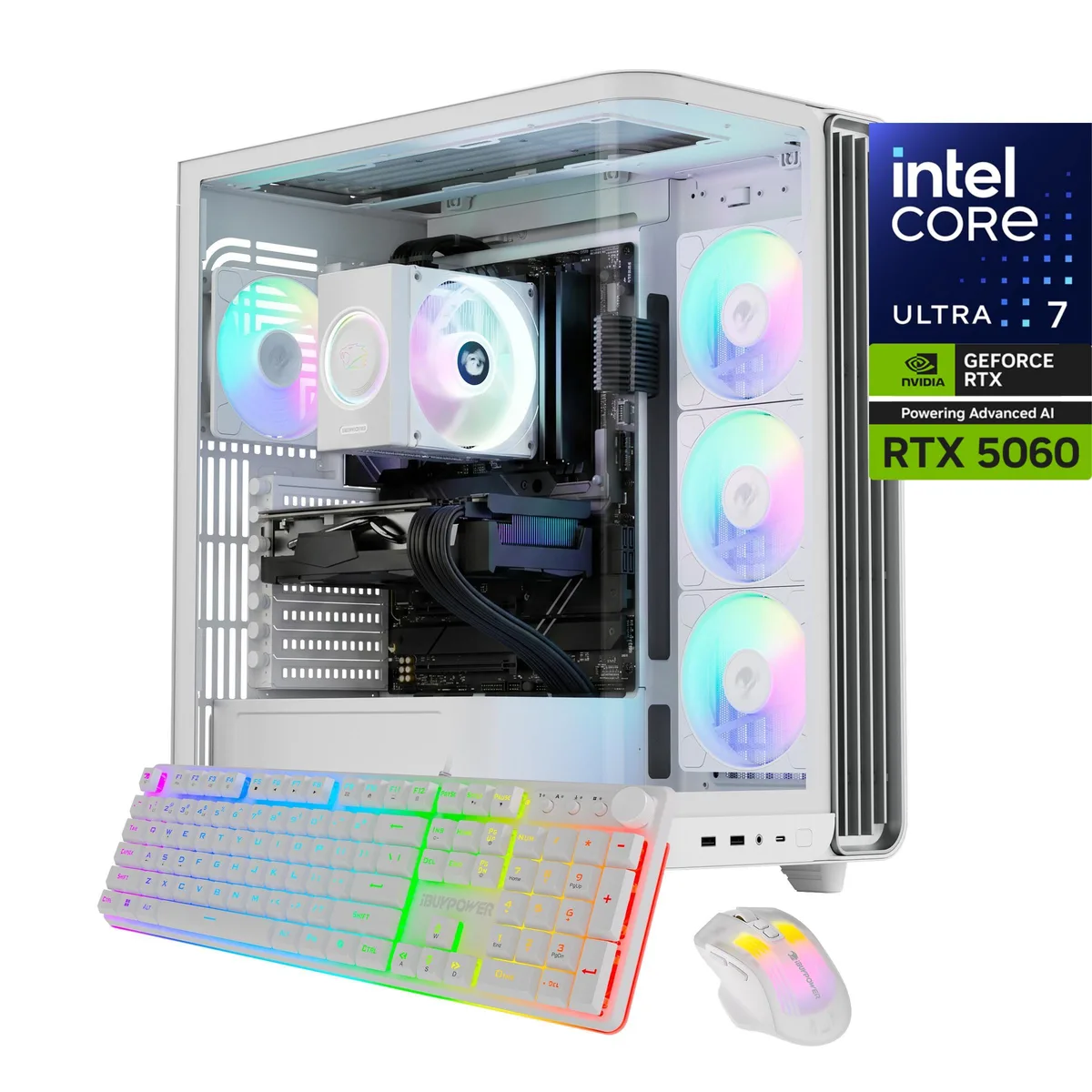White mid-tower gaming desktop with RGB fans and glass side panel