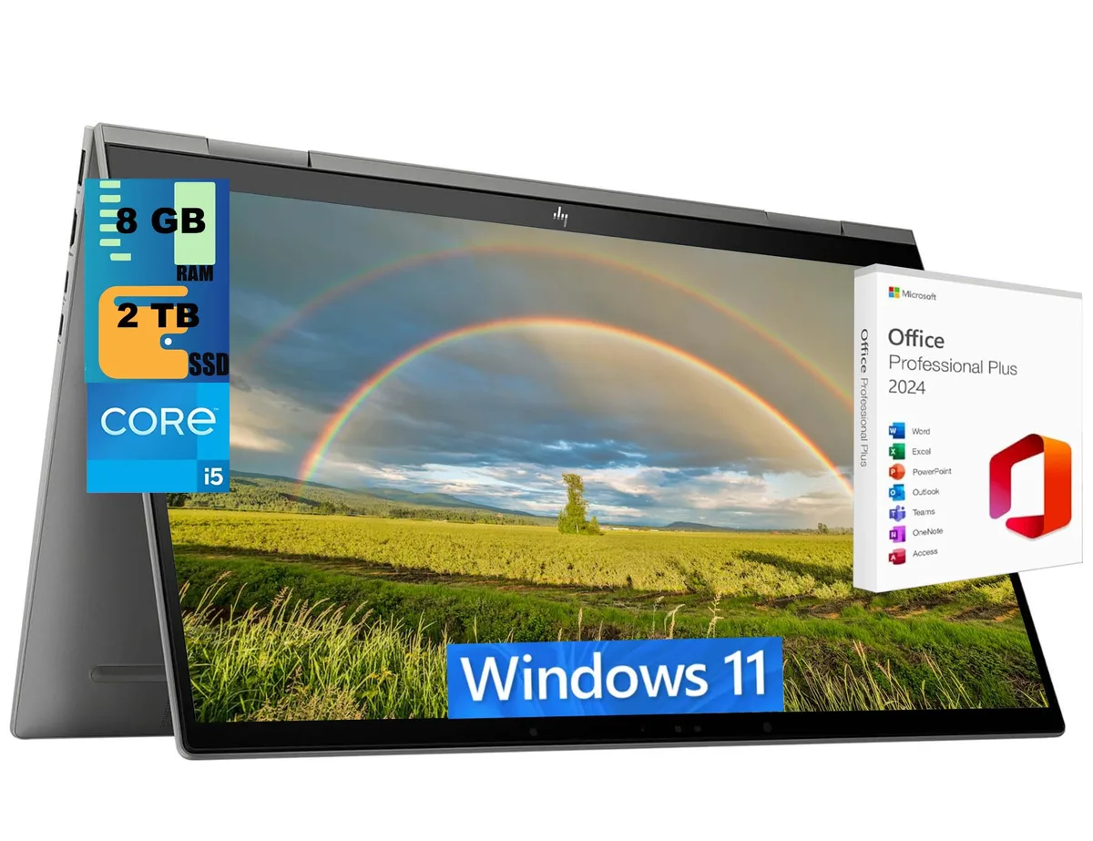 Silver convertible laptop with 15.6 inch touchscreen display, 360-degree hinge, backlit keyboard, slim profile