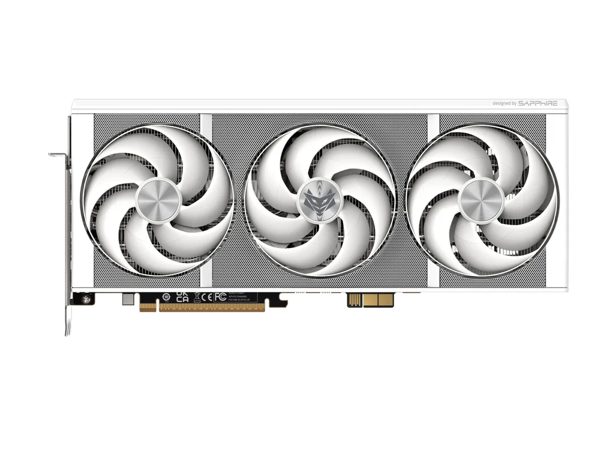 White triple-fan graphics card with silver accents and rear power connector