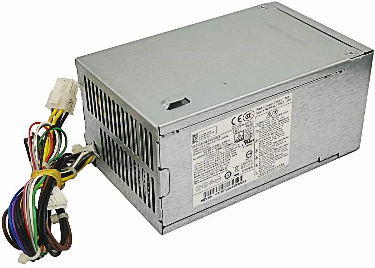 Silver metal rectangular power supply unit with label showing 200W rating and multiple connector ports