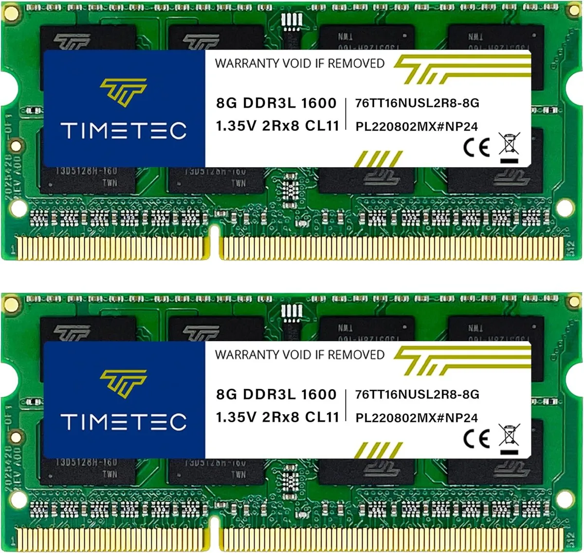 Two green 204-pin DDR3L SODIMM modules, 30 by 67.6 mm