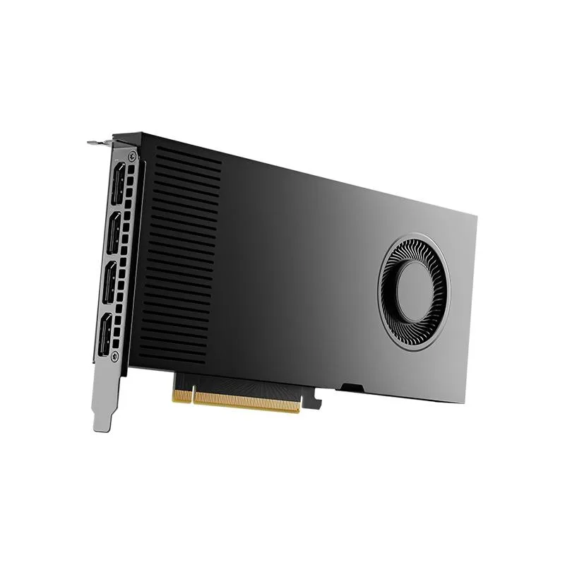 Silver dual-slot graphics card with four DisplayPort outputs and a single 16-pin power connector