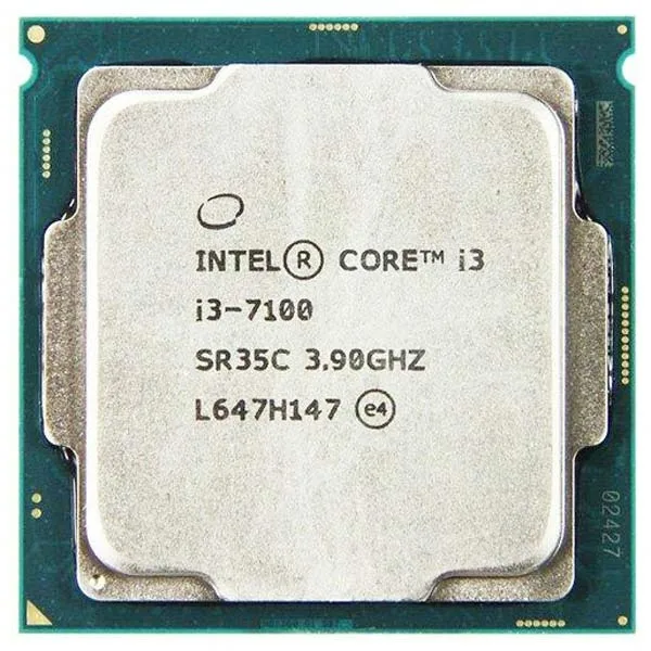 Square green PCB with silver metal heat spreader, gold contact pads underneath, retail boxed Intel Core i3-7300 desktop CPU