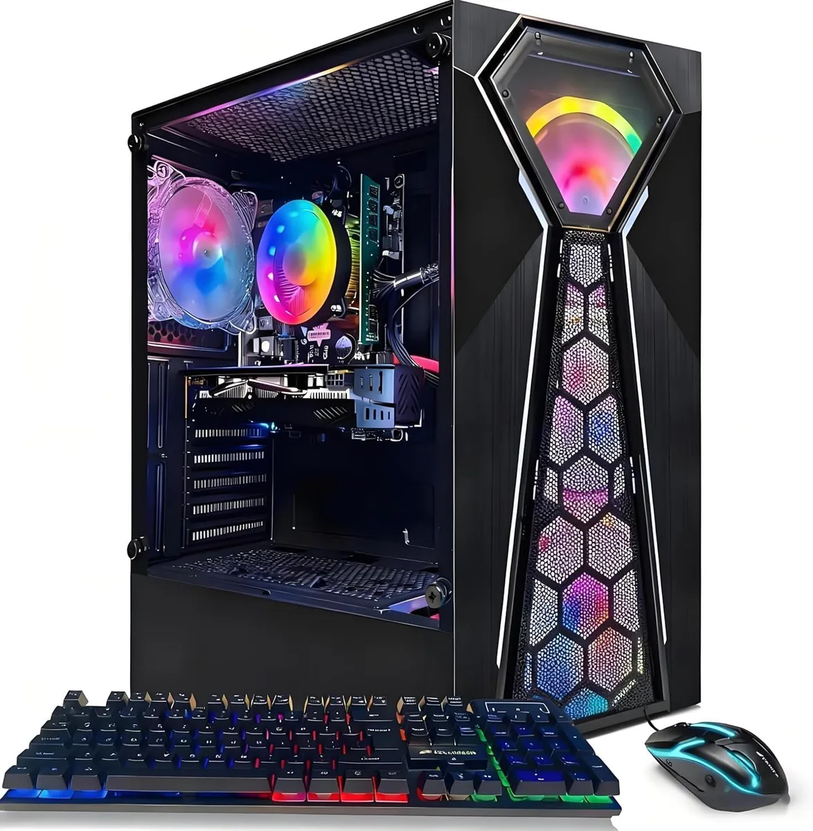 Black tower desktop with four RGB fans behind tempered glass