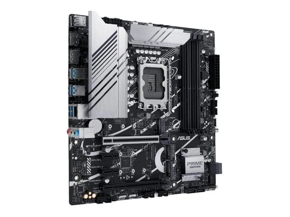 Micro-ATX motherboard with black PCB and silver heatsinks