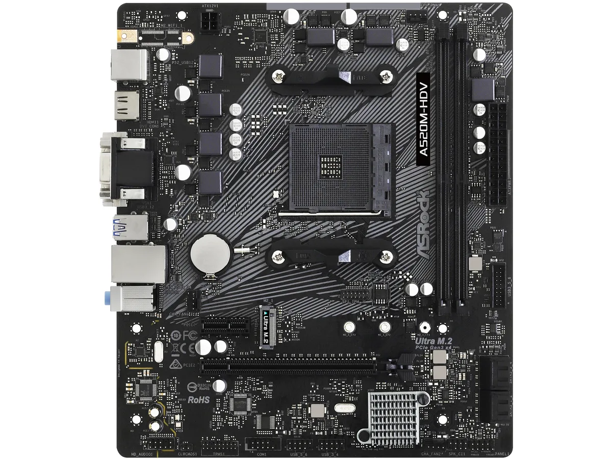 Green Micro ATX motherboard with silver AM4 socket, two black DDR4 slots, single PCIe x16 slot, four SATA ports, one M.2 slot
