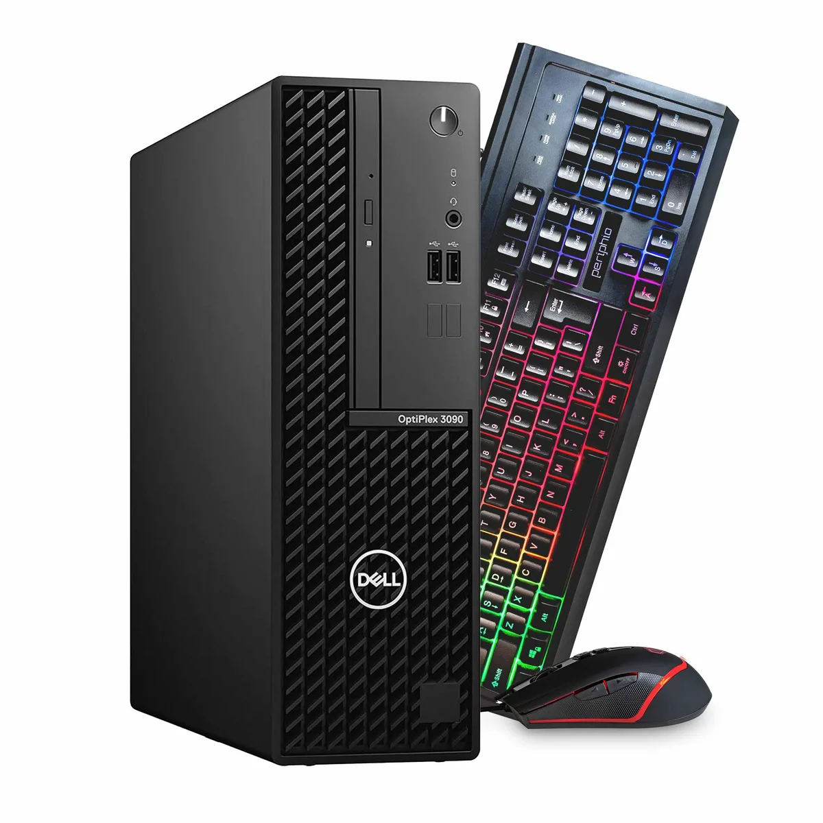 Black Dell OptiPlex 3090 desktop tower with keyboard and mouse