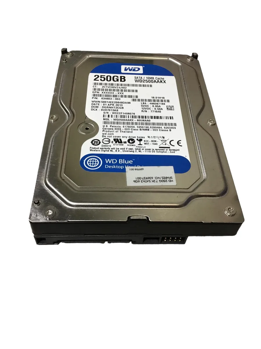 Silver 3.5 inch SATA hard drive with blue label