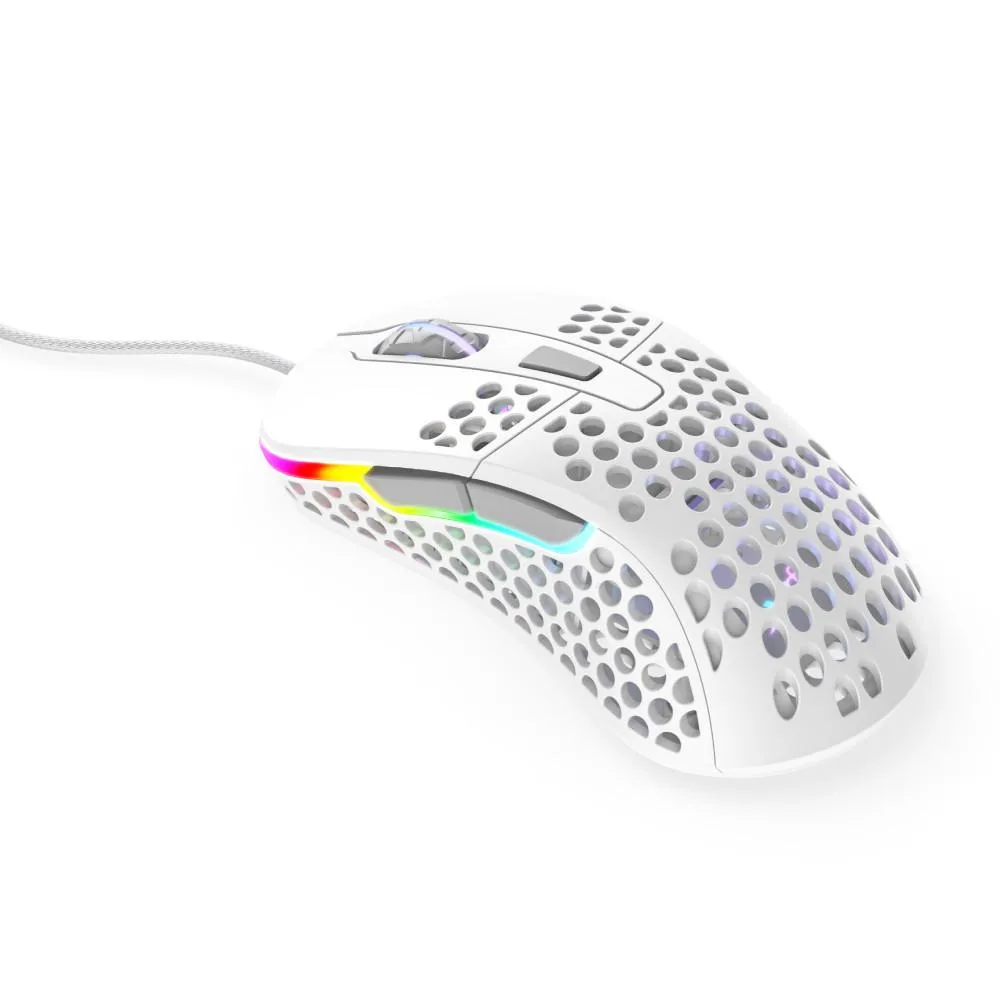 White ergonomic gaming mouse with honeycomb shell and braided cable