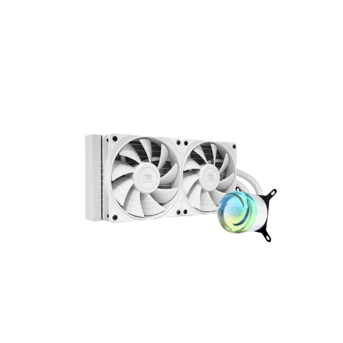 White 240 mm AIO cooler with two 120 mm fans, braided tubes and RGB vortex water block