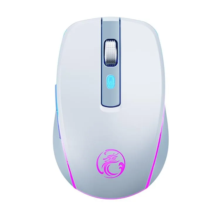Silver wireless gaming mouse with six silent buttons and RGB lighting