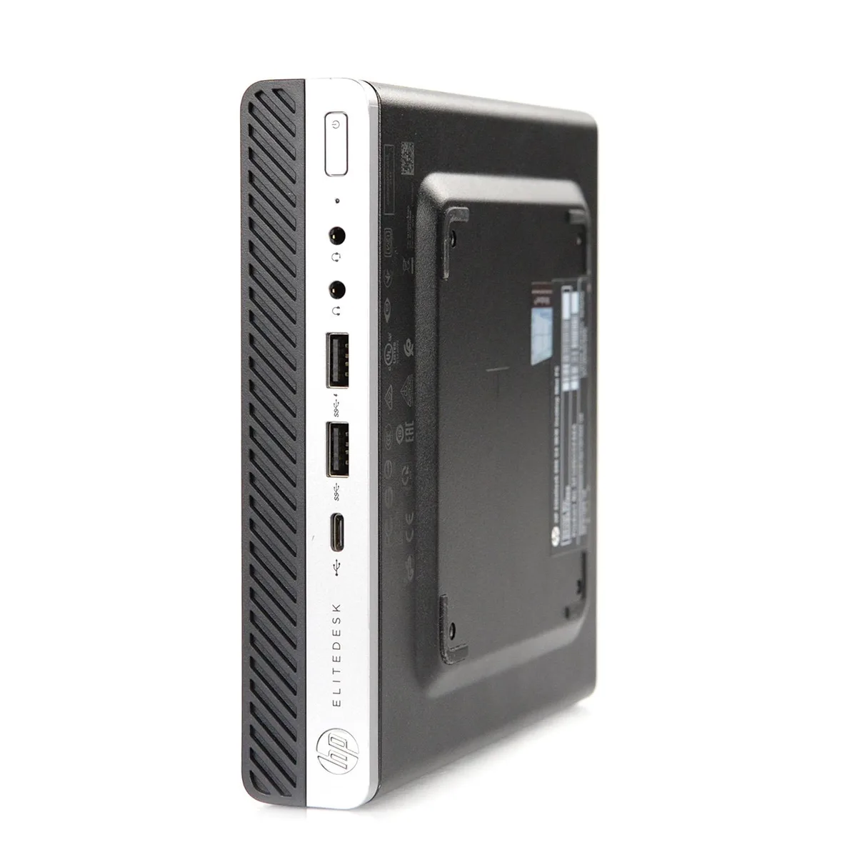Small black HP EliteDesk 800 G4 Mini desktop unit with silver accents