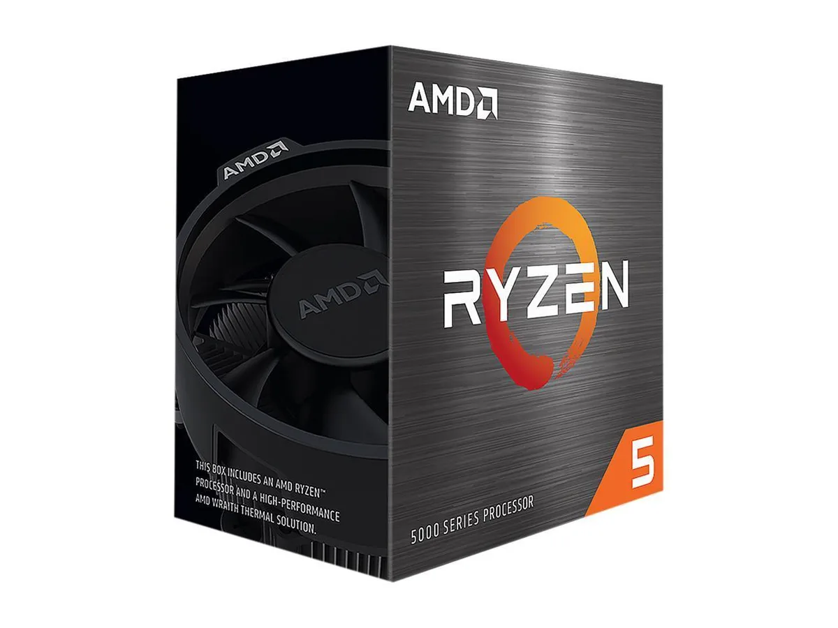 Green square CPU with gold contacts and silver heat spreader, Ryzen 5 5600 branding