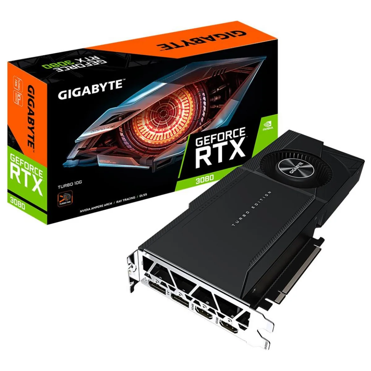 Gigabyte RTX 3080 Turbo V2 graphics card, blower cooler, metal shroud, dual-slot, 267 mm long