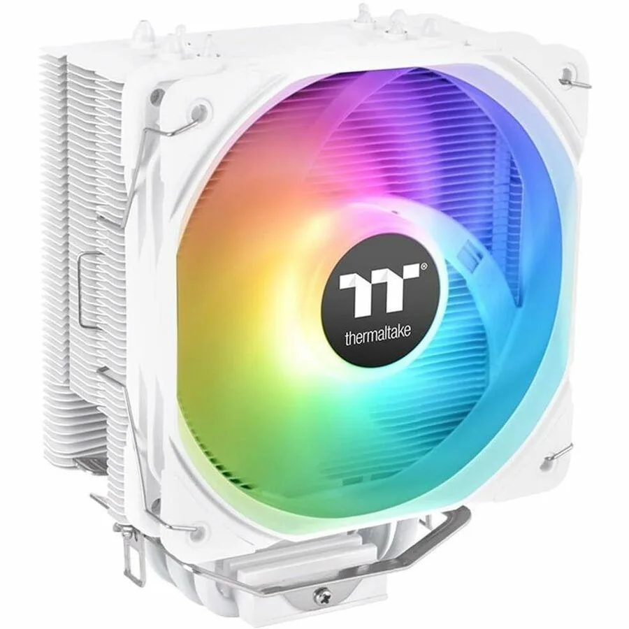 White CPU air cooler with 120 mm fan and vertical aluminium fin stack, copper base visible