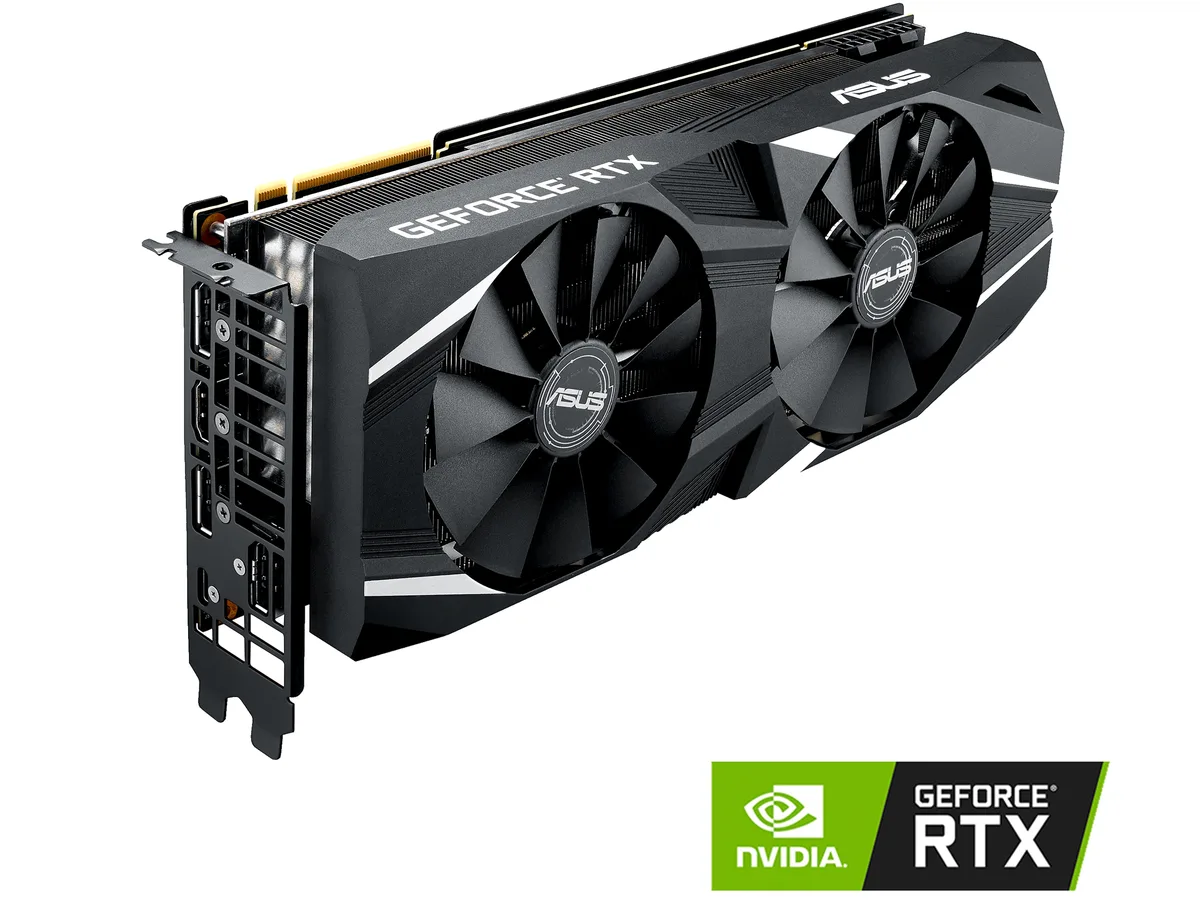ASUS Dual GeForce RTX 2080 Ti graphics card with 2.7-slot cooler, silver backplate, and three axial fans