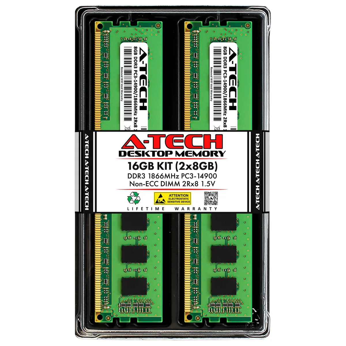 Two green DDR3 DIMM modules, 240-pin, no heat spreader