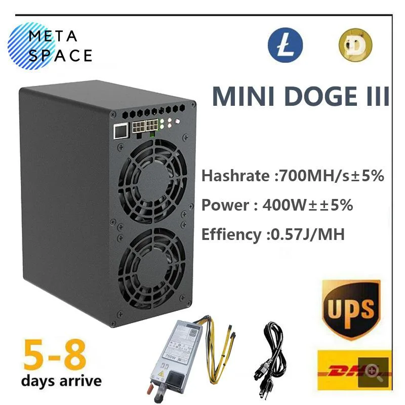 Compact gold rectangular miner with two fans and Ethernet port, 150 by 84 by 175 mm