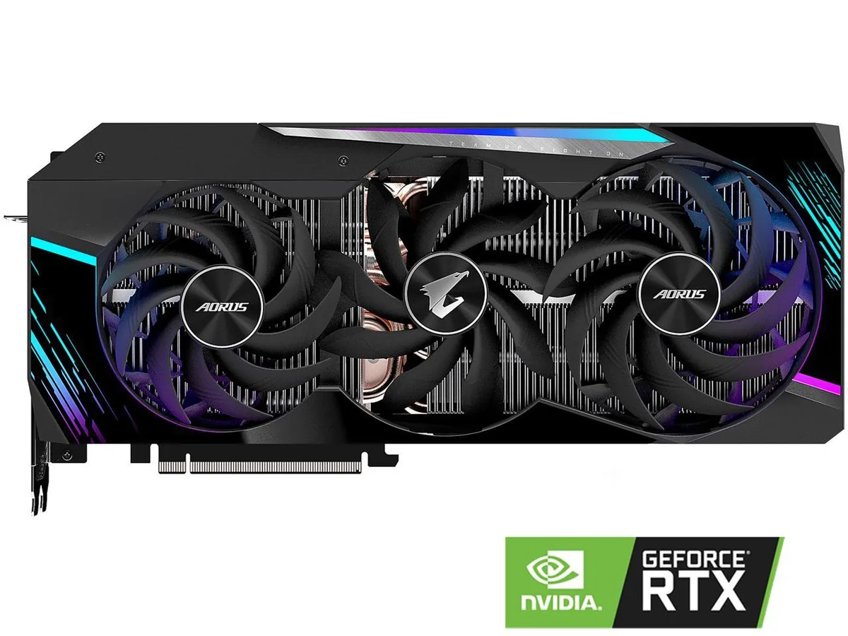 Large triple-fan graphics card with silver metal shroud and RGB lighting