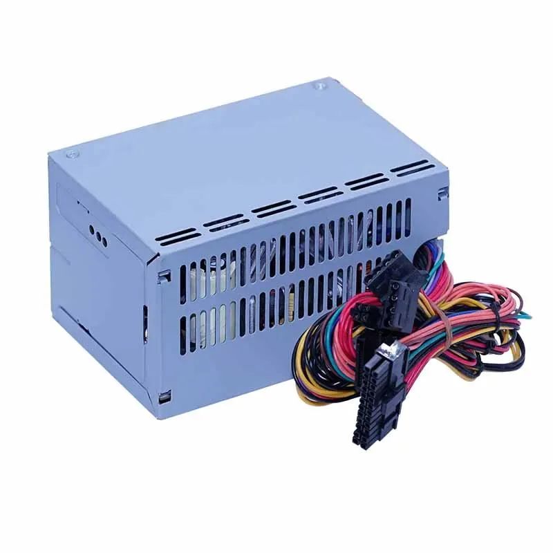 Rectangular silver ATX power supply unit with fan grille and cable bundle