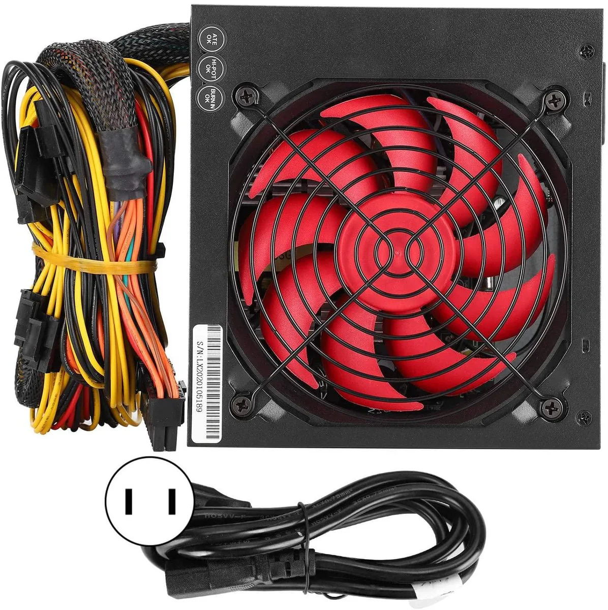 Rectangular silver ATX power supply with 12cm fan and mesh grille