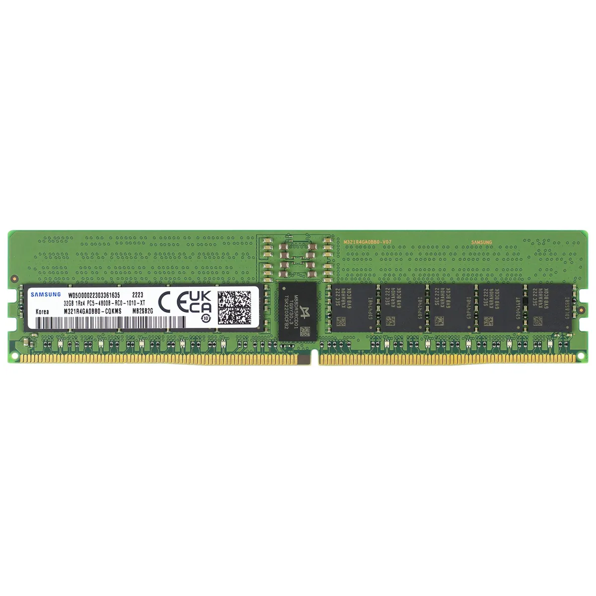 Green rectangular circuit board with gold edge contacts and black memory chips