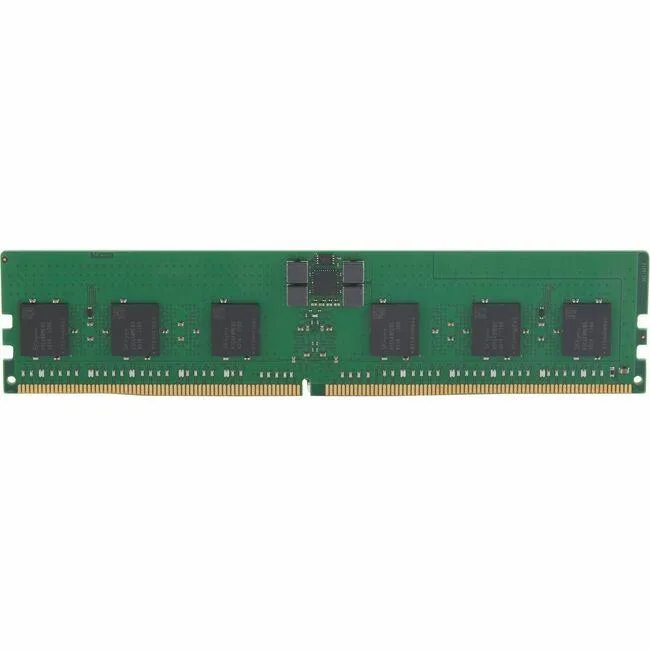 Green circuit board with black memory chips and gold edge connectors