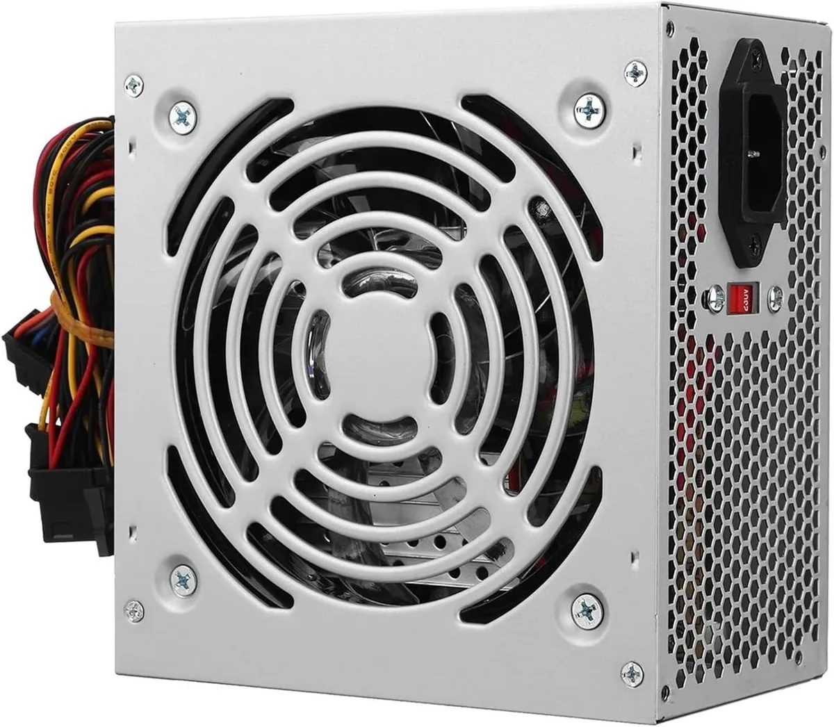 Compact silver ATX power supply unit with fan grille and cable bundle