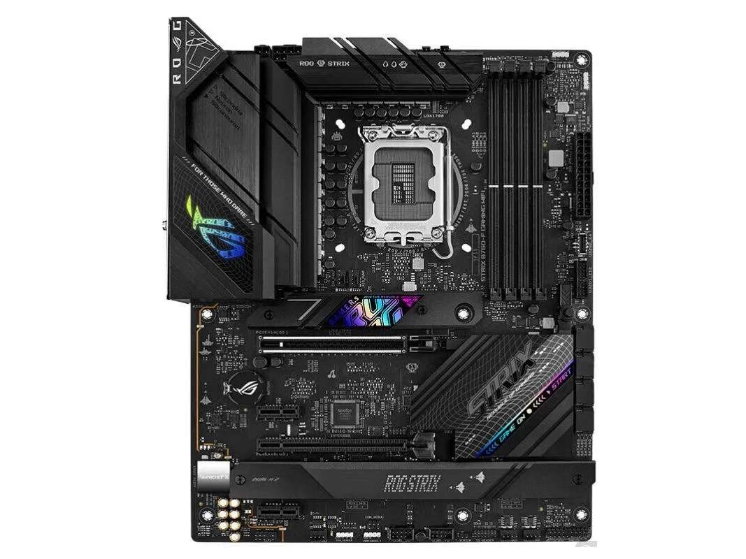 ATX motherboard dark PCB silver heatsinks LGA 1700 socket DDR5 slots