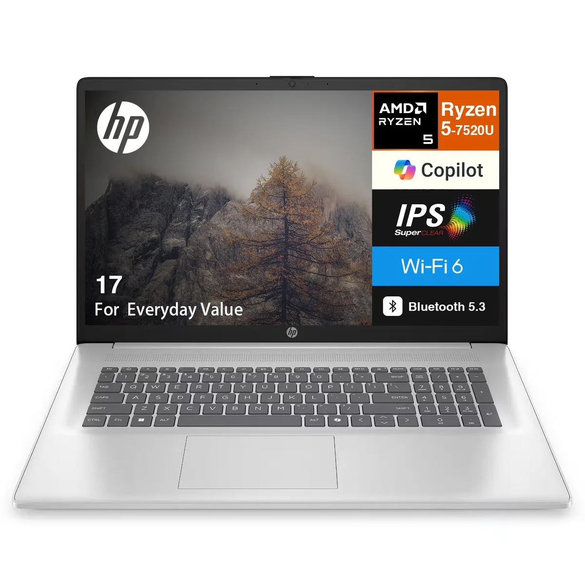Silver HP 17 laptop with 17.3 inch FHD display and standard keyboard