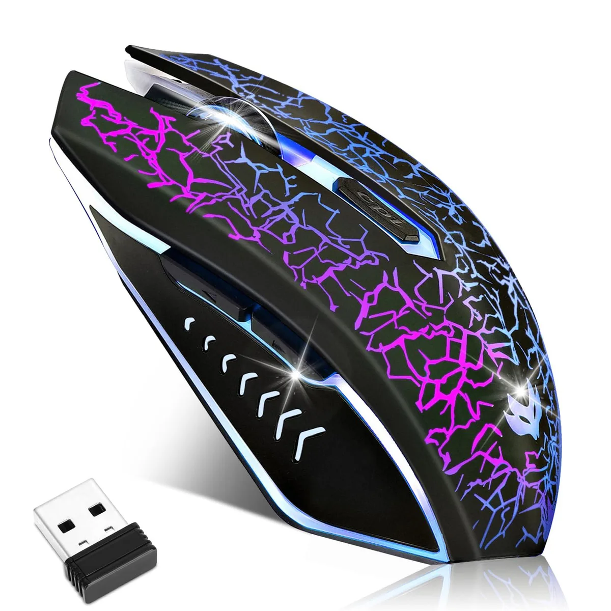 Black ergonomic gaming mouse with six silent buttons and a USB receiver stored underneath