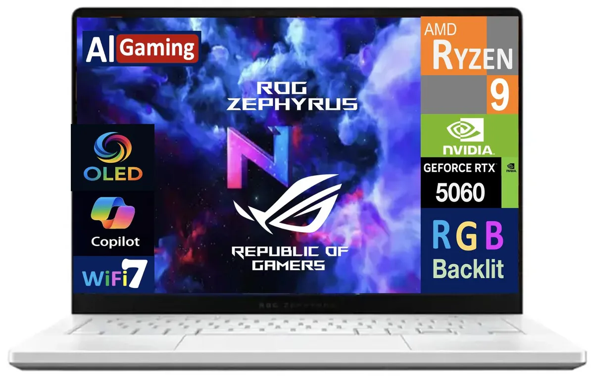 Platinum White 14.0 inch gaming laptop with OLED 2.8K display and RGB keyboard