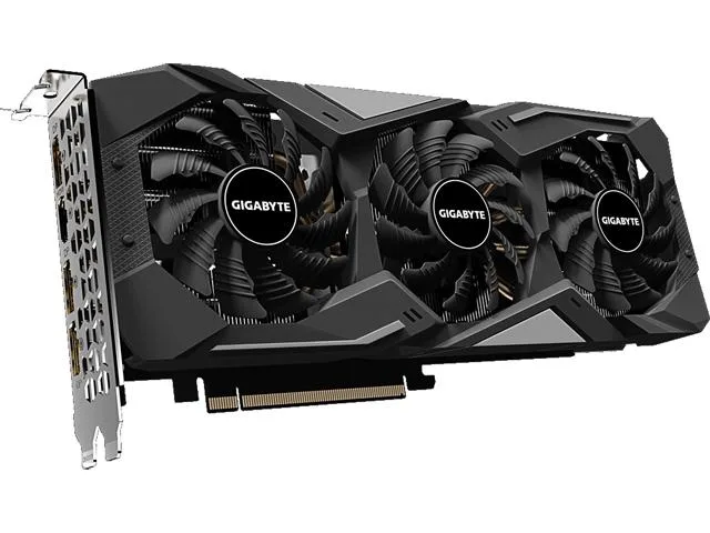 Dual-slot graphics card with black metal shroud and three fans
