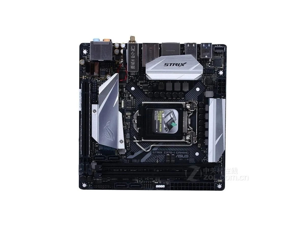Compact square Mini-ITX motherboard dark finish metal I/O shield visible