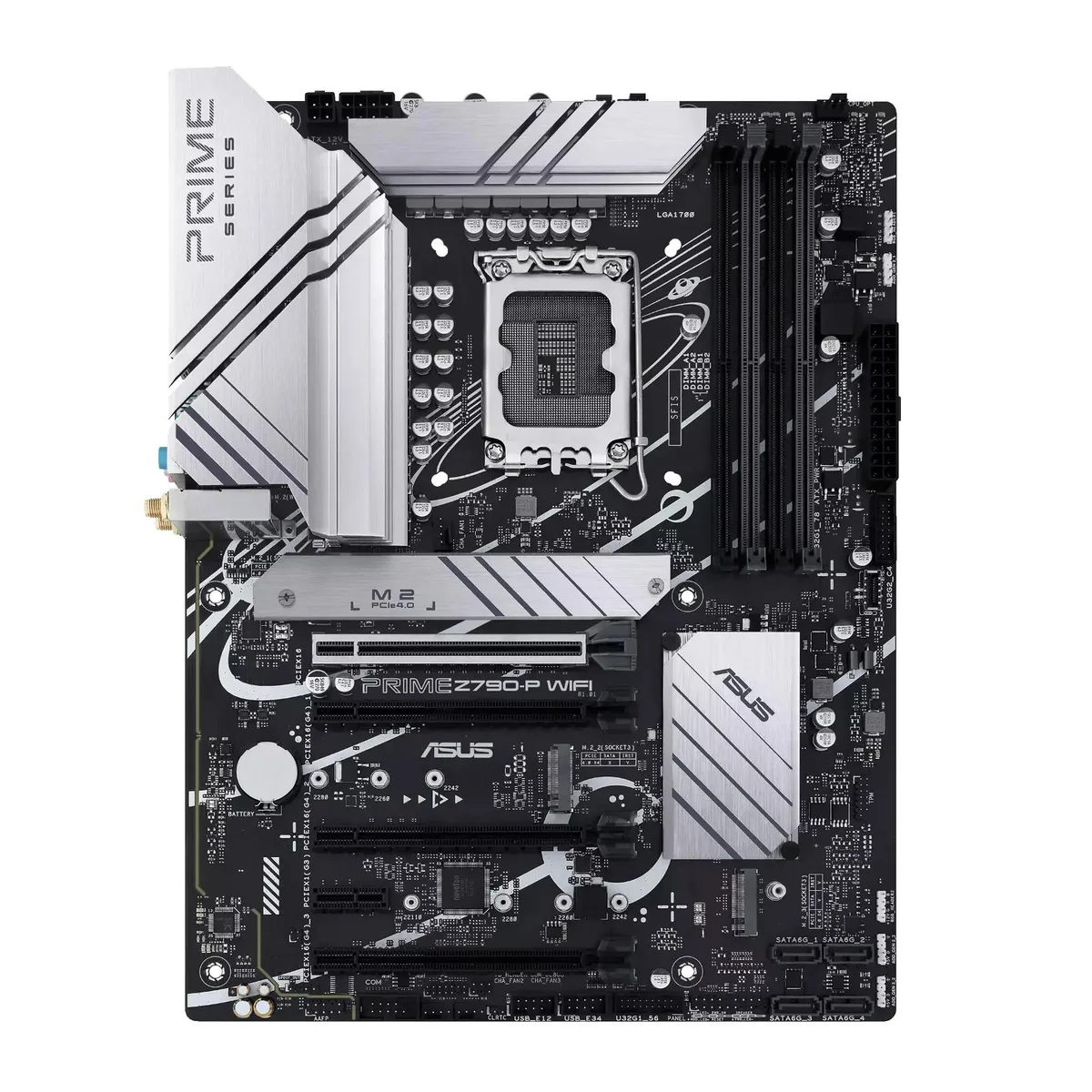 ASUS PRIME Z790-P WIFI ATX motherboard with I/O shield, dark PCB and silver heatsinks