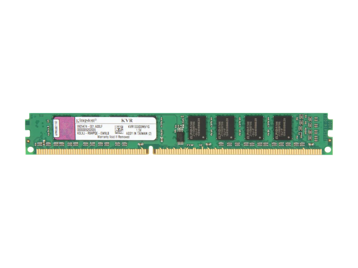 Green rectangular circuit board with black memory chips and gold edge connectors