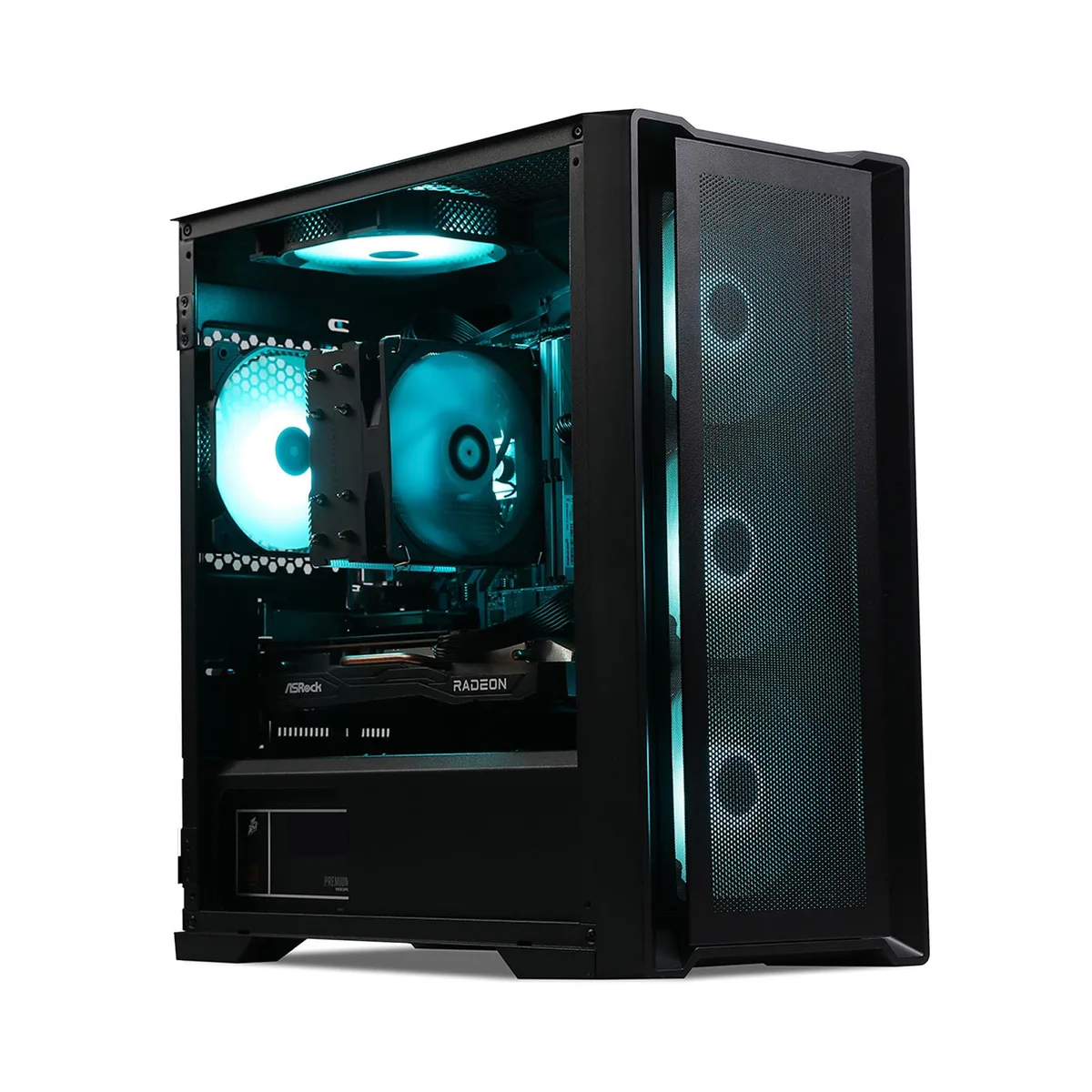Mid-tower gaming desktop with tempered glass side panel and five RGB fans