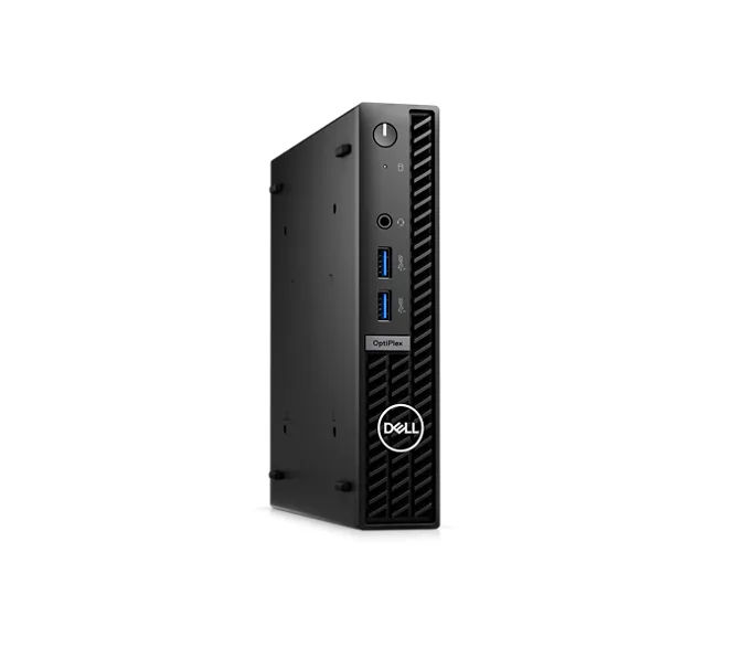 Small black rectangular mini PC with rounded corners and subtle Dell branding